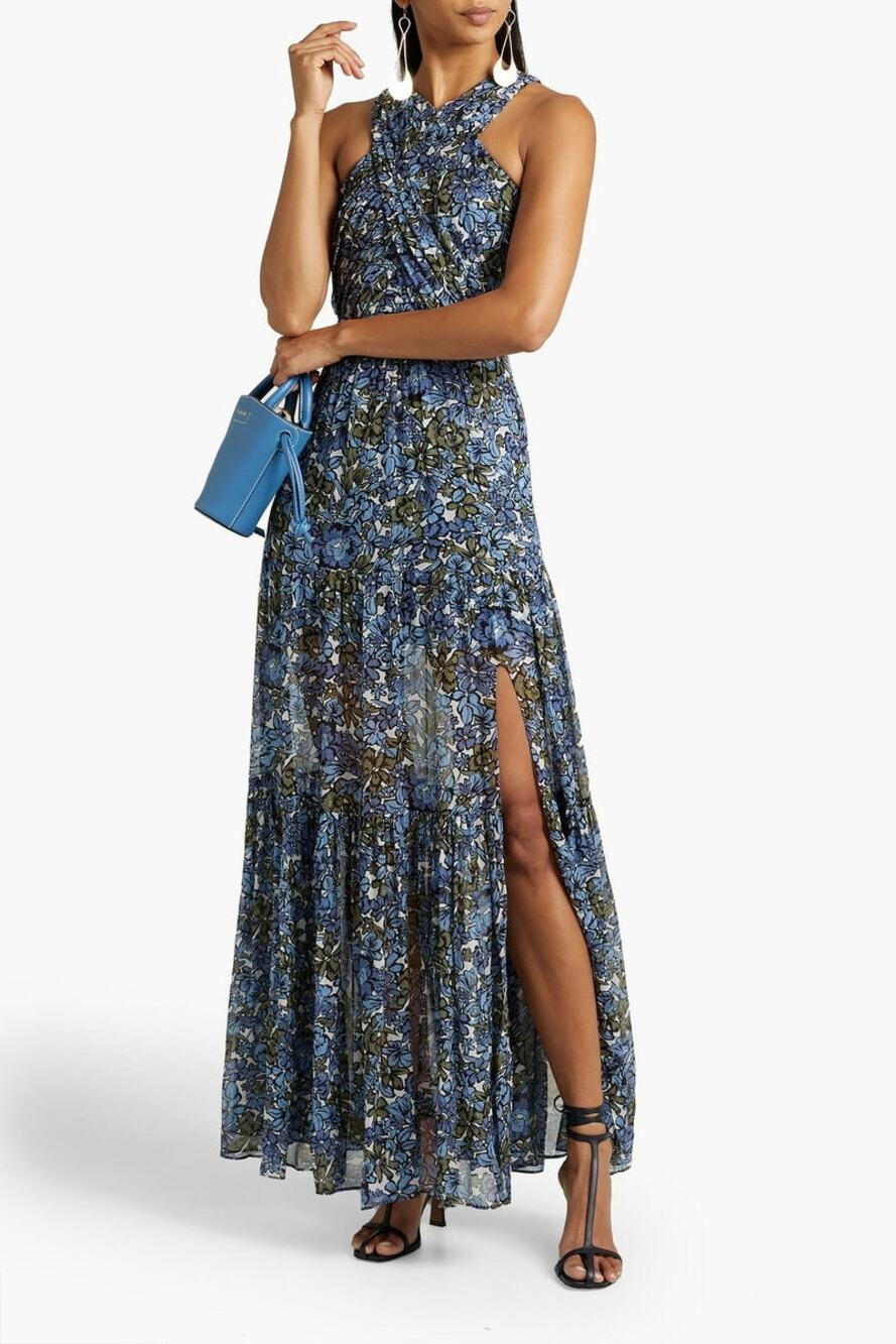 Veronica Beard Florencia Floral Print Silk Chiffon Maxi Dress Blue Size 12